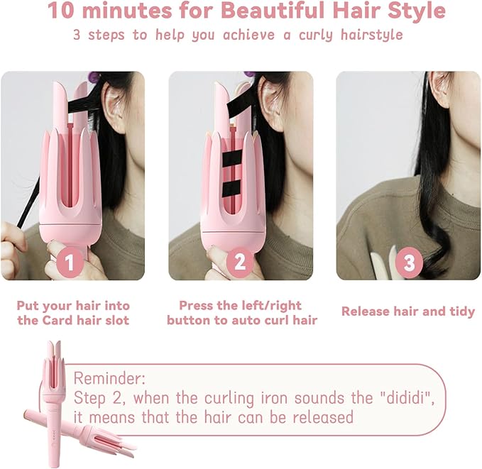 Automatic Curling Iron 1.25Inch Wave Curling Iron Fast Heating Hair Curling Wand with 3 Temp &amp LED Display 60Min Auto Shut-Off Anti-Scald Anti-Tangle Rotating Curling Irons for Hairstyle (Pink