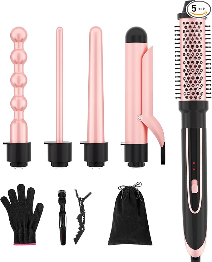 5 in 1 Curling Iron Set with Instant Heat Up Dual Voltage 4 Interchangeable Ceramic Curling Wands Curling Brush Heat Protective Glove &amp 2 Clips (Curling Iron 0.3-1.5)