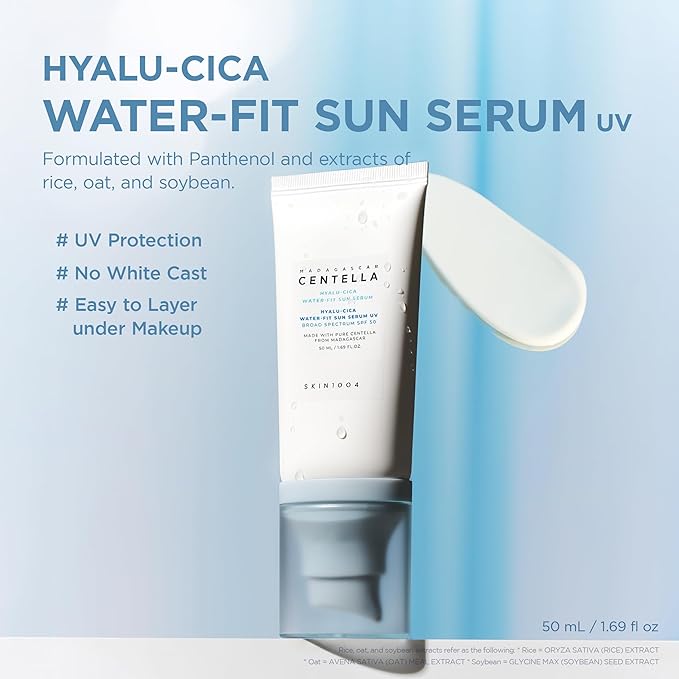 SKIN1004 Centella Hyalu-Cica Water-Fit Sun Serum UV Korean Sunscreen SPF 50 Centella Sunscreen Travel Essentials Sunscreen with Hyaluronic Acid No White Cast Korean Skin Care 1.69 fl.oz / 50ml