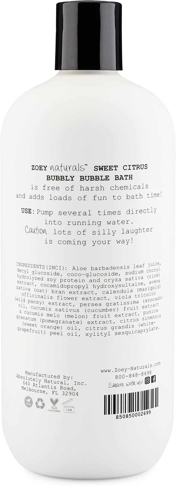 Zoey Naturals - Sweet Citrus Bubble Bath for Kids &amp Babies - Organic Tear-Free Non-Toxic Toddler Soap with Moisturizing Aloe &amp Avocado Oil - Long Lasting Bubbles - Made in USA 17 oz