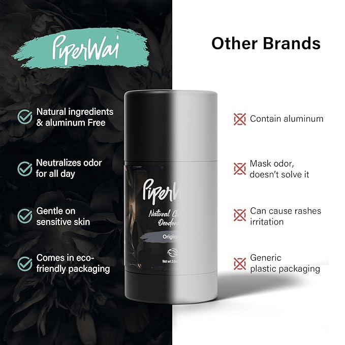 PiperWai Natural Deodorant w/Activated Charcoal | Odor Protection Vegan Aluminum Free Shark Tank Product for Women &amp Men | Great for Travel &amp Gifts | 2.6 oz (75g) Original Scented Stick 2-