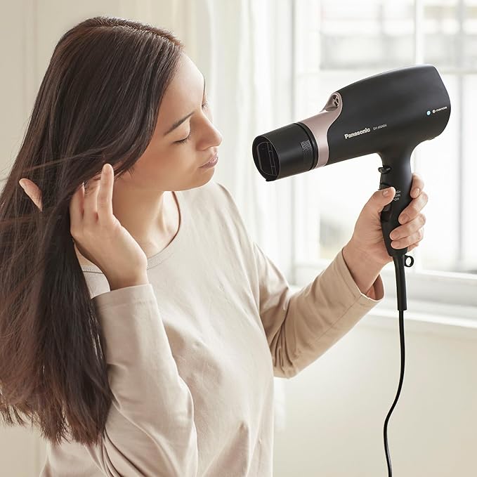 Panasonic Nanoe Salon Hair Dryer Oscillating QuickDry Nozzle Blow Dryer with Diffuser Concentrator Attachments 3 Speed Heat Settings for Styling and Healthy Hair - EH-ANA6HN (Black/ Pink Gold)