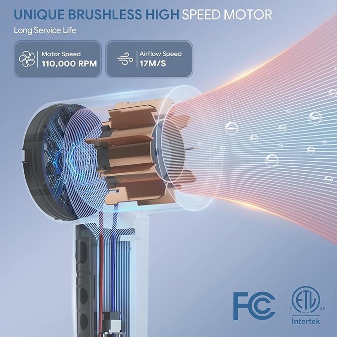 Hair Dryer High-Speed Ionic Low Noise Blow Dryer with Brushless Motor for Fast Drying Thermo-Control Quiet Compact Hair Blow Dryer Hairdryer with 1 Nozzle Attachments for Home Salon Travel