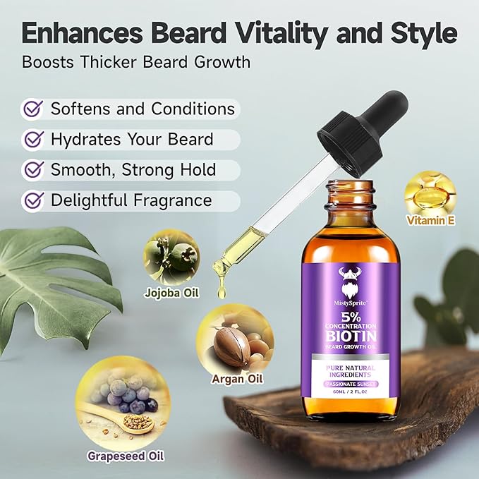 Beard Growth Oil - 5% Concentration Biotin Beard for Men (2 oz) - Natural Mens with Argan Oil Jojoba Oil and Vitamin Growth Softener Moisturizer (Passionate Sunset)