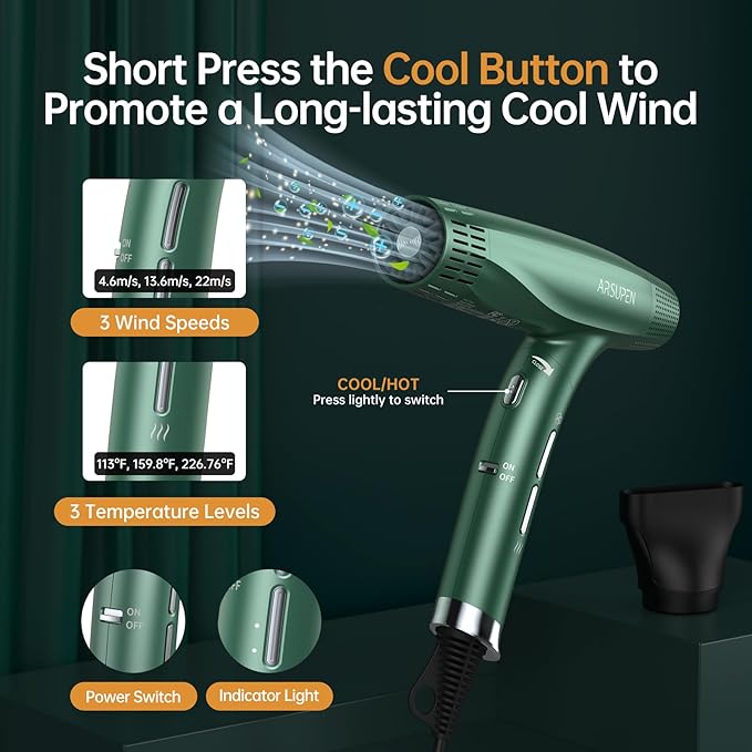 Professional Hair Dryer with Powerful Brushless Motor High Speed for Fast Drying with Magnetic Nozzle Lightweight Foldable Dual Ionic Blow Dryer 12 Modes Super Quiet for Travel Salon Home