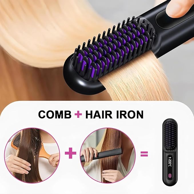 SALAN Cordless Hair Straightener Brush Portable Mini Ionic Hair Straightener with Titanium Plates USB Rechargeable Travel Straightening Comb for Short Wavy Hair Bangs &amp Quick Touch Ups (Pink)