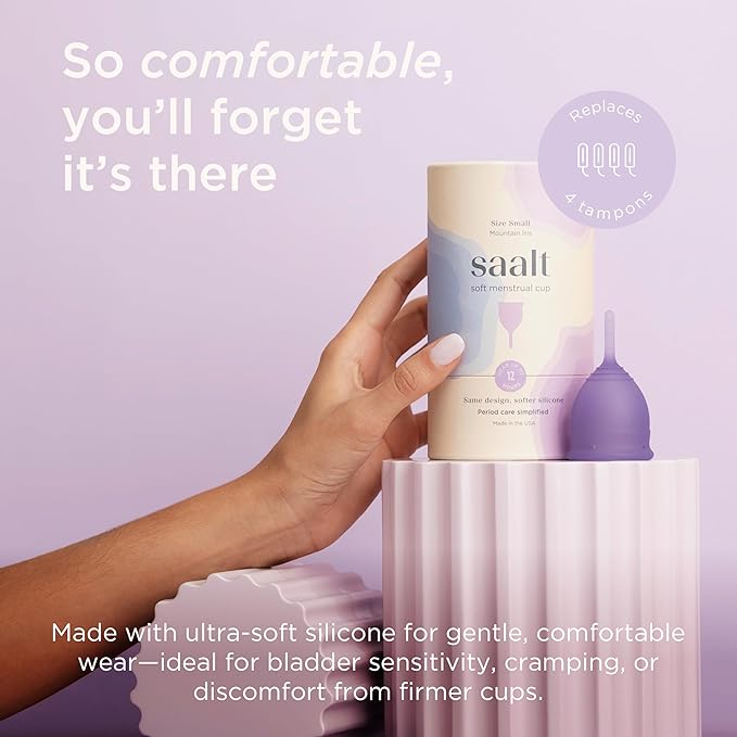Saalt Soft Menstrual Cup – Reusable Period Cup – Made for Comfortable Leak-Free Protection Up to 12 Hours – BPA &amp Latex Free – Includes Cup &amp Carry Bag (Regular Mountain Iris)