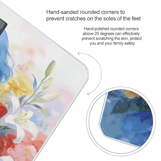 Blue Girl and Flowers Weight ScaleClear LED Display Bathroom Digital Weighing ScaleTempered Glass Digital Bathroom Scale for Body Weight Capacity Up to 400 Lbs