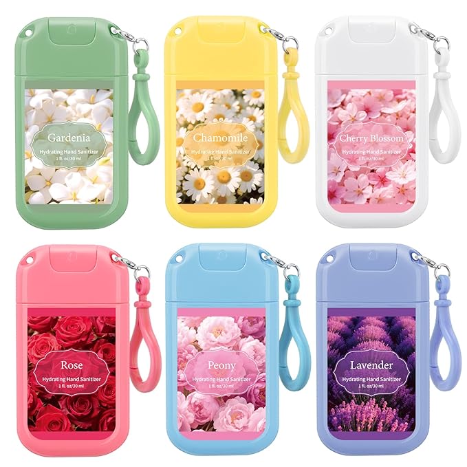 Frienda 24 Pcs Mini Hand Sanitizer Spray Bulk with Keychain Scented Hydrating Hand Sanitizer Spray Travel Size 1 Fl oz for Travel Backpack Employee Nurse(Floral Scented)