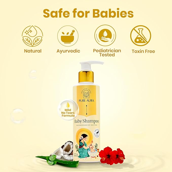 Pure Aura Baby's 3-in-1 Protection Kit Ayurvedic SPF 30 Sunscreen Tear-Free Wash and Shampoo Natural Care for Delicate Skin