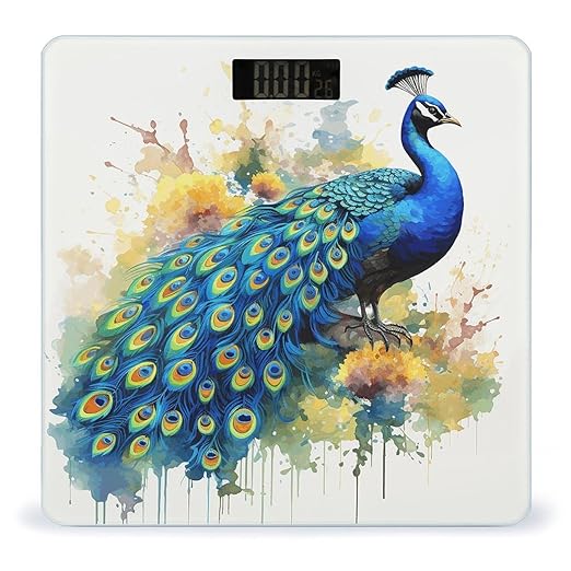 Peacock Watercolor Painting Bathroom Scale Rounded Smart Scale for Body Weight Automatic Power On/Off Weight Scales Accurate Bathroom Digital Scales for Pet Home Bedroom Kitchen