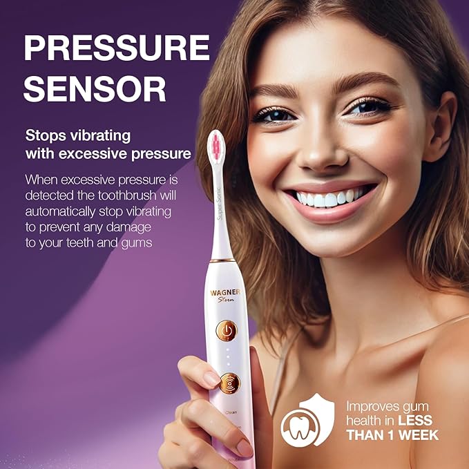 Wagner Stern WT8900 Series Electric Toothbrush – Whitening &amp Pressure Sensor 5 Modes 3 Intensities 8 Soft Brush Heads Rechargeable Travel Case Included