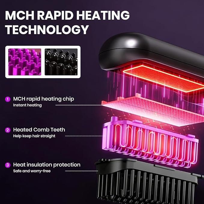 Rechargeable Hair Straightener - Cordless Styling Comb Tool USB Charging with Portable Design Wireless with Fast Heating Hair Styler Anti Scald Straightening Brush for Travel Use