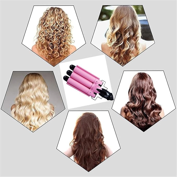 3 Barrels Hair Curler with LCD Display Ceramic Curling Iron Wand Hair Wavers Curling Tongs Beach Wave 80-210°C 14 Gear Temperature Control Pink (Size : 25mm)