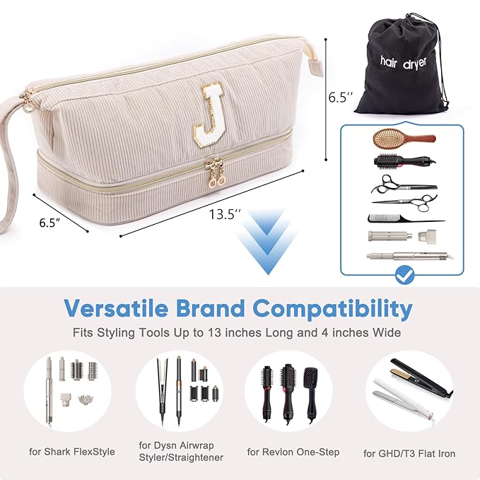 Initial Personalized Hair Dryer CaseDouble-Layer Hair Tools Travel Carrying Case for Shark FlexStyle/SmoothStyle with Hair Dryer Bag - Hair Air Wrap Dryer Case Flat Curling Iron Travel Organizer