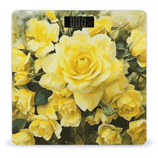 Yellow Rose Scale with LCD Easy-to-Read Anti-Slip Weight Digital Bathroom Scale Precision Weighing Scales Sturdy Tempered Glass Body Weight Scales for Daily Use