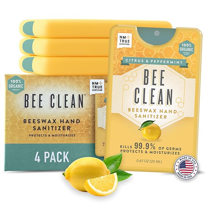 4-Pack Citrus Peppermint Hand Sanitizer Spray - Travel Size Mist with Organic Ethyl Alcohol Beeswax - Moisturizing with Essential Oils Non-Toxic Made in USA
