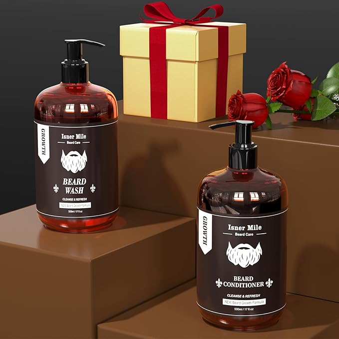 ISNER MILE Beard Wash &amp Conditioner Set for Men - 17 oz Shampoo with Biotin Argan &amp Jojoba Oils for Smooth Soft and Strengthened Beard - Sandalwood Scented Grooming Gift