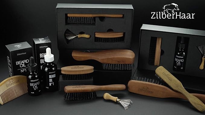 ZilberHaar Long Hair Brush - Soft Boar Bristles - Exfoliating and Conditioning for Men's Beards &amp Skin - Compatible with Beard Balms and Oils