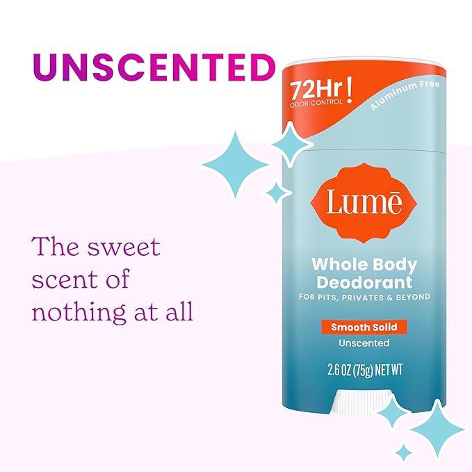 Lume Whole Body Deodorant - 2-Pack Smooth Solid Stick (Unscented) and Acidified Deodorant Wipes (Cool Cucumber) - Aluminum Free Baking Soda Free and Skin Safe
