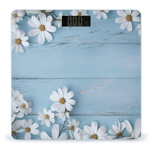 White Flowers Light Blue Wood Weight Scale Large Bathroom Scales Digital Weight with Bright LED Display Non Slip Automatic Weighing Scale Fashion Weighing Machine for Body
