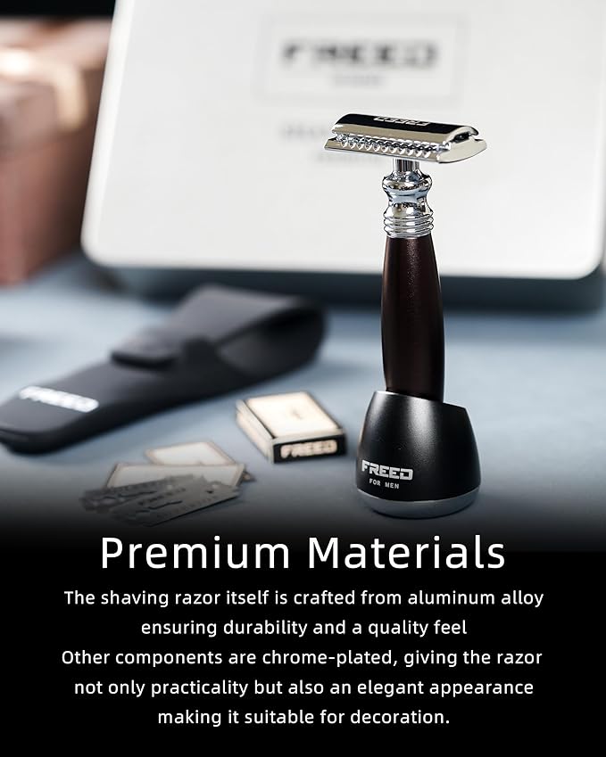 FREED Customized gifts Engraving Shaving Kit - Safety Razor with metal handle include razor base razor travel case and 10 bladesit's the best gift for men (saddleBrown)