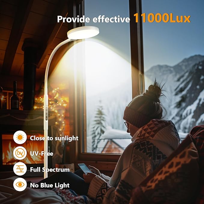 Light Therapy Lamp 3 in 1 Therapy Floor Lighting 11000 Lux Full Spectrum Therapy Lamps UV-Free LED Sunlight 10 Brightness/5 Color/Gooseneck/Height Adjustable Timer Control White