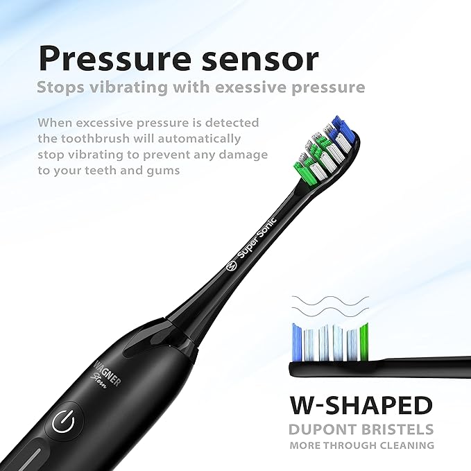 Wagner Stern Ultrasonic whitening Toothbrush with Pressure Sensor. 5 Brushing Modes and 4 Levels of Intensity 8 Soft bristles Travel case.