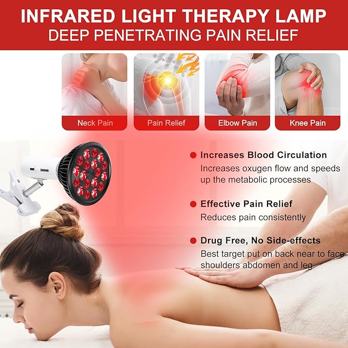Red Light Therapy Bulb with Adjustable Socket Clamp 18 LEDs red Therapy Light with Lamp Holder for Body and Face with 660nm Red and 850nm Infrared Light Therapy Device for Skin Care Pain Relief