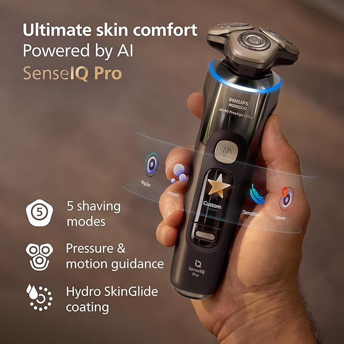 Philips Norelco Shaver i9000 Prestige Ultra Wet &amp Dry Electric Shaver Dark Slate SenseIQ Pro Technology Triple Lift &amp Cut System 360 Rotating NanoTech Precision Blades Quick Clean Pod X