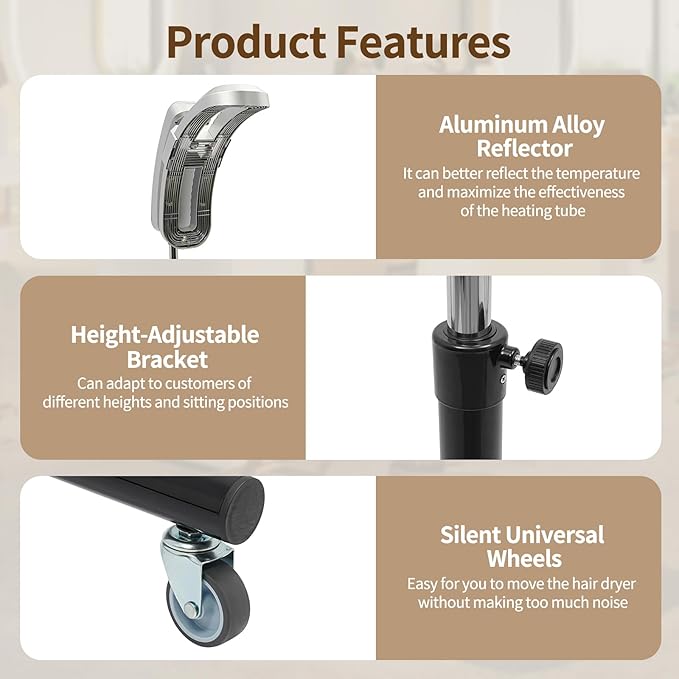 Vertical Hairdressing Heater Hair Color Processor Heating Stand with Wheels Adjustable Height Temperature Time Standing Hair Dryer Vertical Cold Iron Hair Dryer Adjustable Angle(45° 90° 180°)