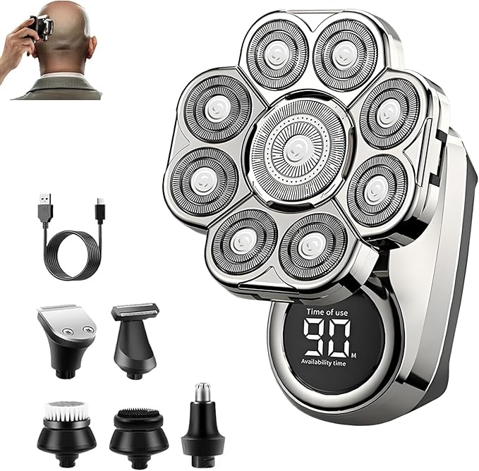 Bawldy Pro Head Shaver 6-in-1 Detachable Head Shavers with 9D Floating Blade Heads IPX7 Waterproof Intelligent LED Display Rechargeable Cordless Razor for Home &amp Travel