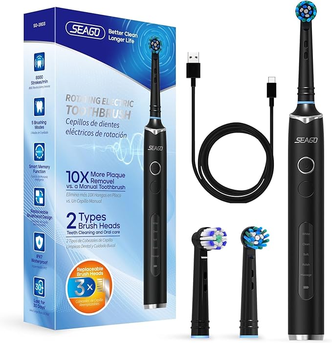 Electric Toothbrush for Adults with 3 Brush Heads 5 Modes Rechargeable Power Toothbrush 2 Min Smart Timer and IPX7 Waterproof (Black)