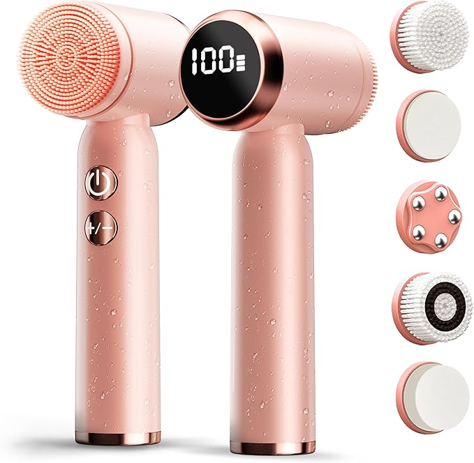 Electric Face Scrubber with Led Display &amp Facial Cleansing Brush - 6-in-1 Exfoliating Kit 3 Speeds IPX6 Waterproof Face Brush for Deep Cleaning Massage &amp Gentle Exfoliation-Pink