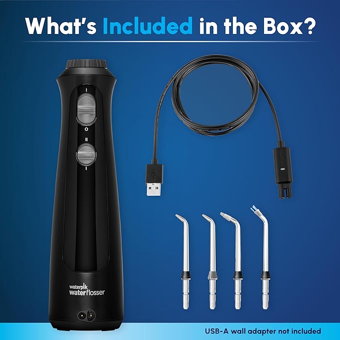 Waterpik Cordless Pearl Rechargeable Portable Water Flosser for Teeth Gums Braces Care and Travel Extra Quiet 4 Flossing Tips - ADA Accepted WF-13 Black Amazon Exclusive