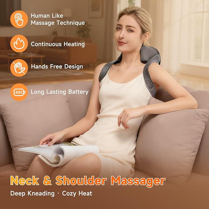 Neck Massager with Heat – Portable Shiatsu Neck &amp Shoulder MassagerDeep Tissue Electric MassageAdjustable Heat SettingsMuscle Relaxation for NeckShouldersBackPerfect for HomeOfficeand Trav