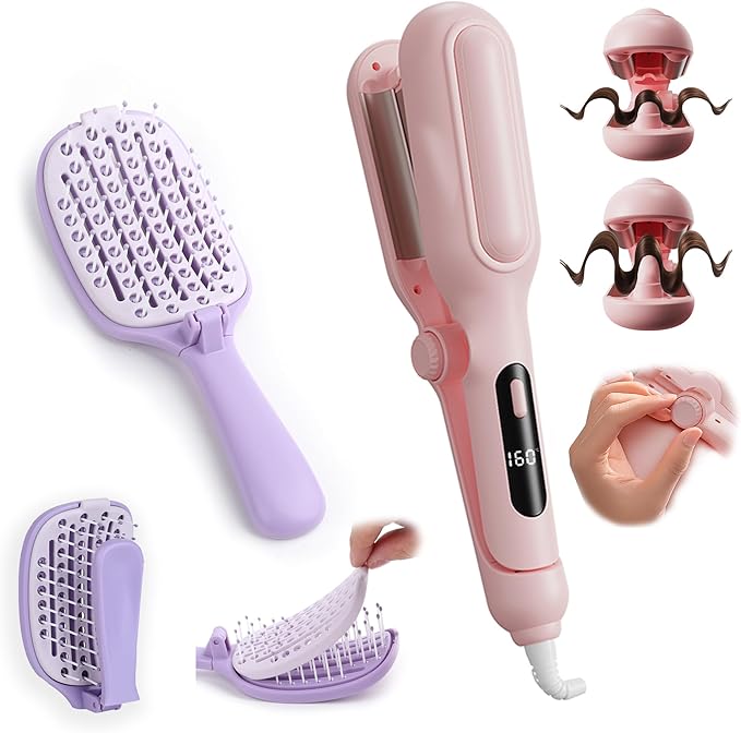 Adjustable Curling Iron Hair Crimper for Women - 1&amp1.25 Inch Waver Tool Creates Beach Waves &amp Tight Curls Anti-Scald Fast Heating Dual Voltage&ampTravel Hair Brush