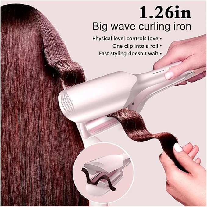 Anti-Scald Curling Iron 32mm / 1.26-inch Water Ripple Big Wave Curls - Easy Styling Hair Rod 4℃(PinkEU)