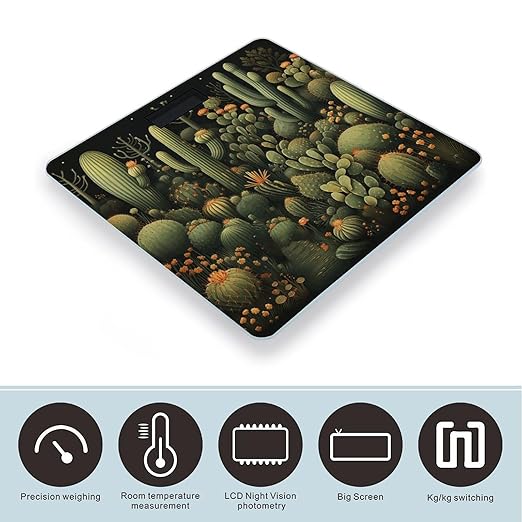 Green Cactus Scale for Body Weight Anti-Slip Tempered Glass Digital Bathroom Scales Clear LCD Display Weighing Scale Safe Rounded Corners Smart Scales