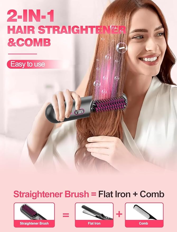 Cordless Hair Straightener Brush for TravelMini Hair Straightener Comb with Negative IonPortable hot Brush Hair Straightener for Women Rechargeable 9600mAh Battery Anti-Scald12 Temp-Setting(Grey)