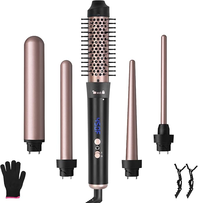 5 in 1 Curling Wand Hair Curling Iron Brush Anti-Tangle HairThermal Brush Curler with 4 Heating Levels 360 Rotatable Cable 5 Interchangeable Barrels