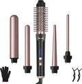 5 in 1 Curling Wand Hair Curling Iron Brush Anti-Tangle HairThermal Brush Curler with 4 Heating Levels 360 Rotatable Cable 5 Interchangeable Barrels