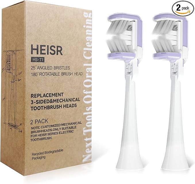 Premium Customized 3-Sided Ultra Clean Replacement Brush Heads Innovative 180° Rotatable Mechanical Brush Head 25° Angled Soft Bristles for Ultimate Cleaning with Heisr HS-X1 2 Count HS-T1