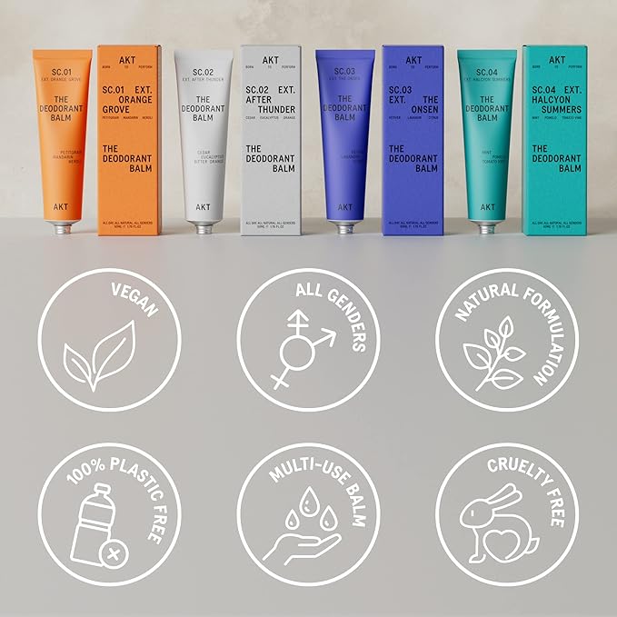 AKT THE DEODORANT BALM. Award winning multi-use natural deodorant. Plastic Free. Gender Free. Aluminium Free. 100% effective — 1 tube lasts up to 3 months. SC.02 AFTER THUNDER. 50ml/1.76 FL.OZ