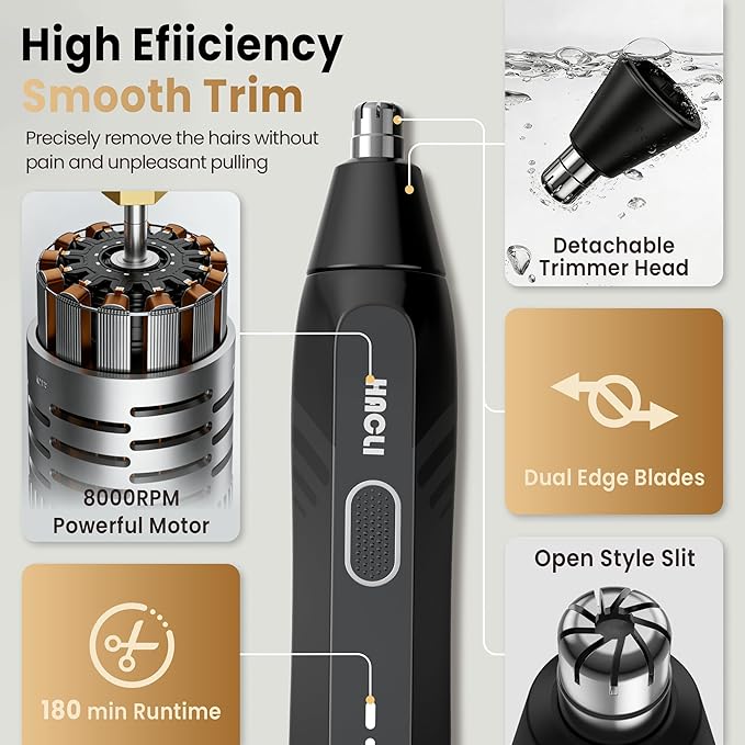 Nose Hair Trimmer for Men Women - HACLI Electric Painless Nose Hair Clipper 8000RPM Powerful Motor IPX7 Waterproof Safe &amp Quiet Replaceable Head Travel Lock USB-C Rechargeable