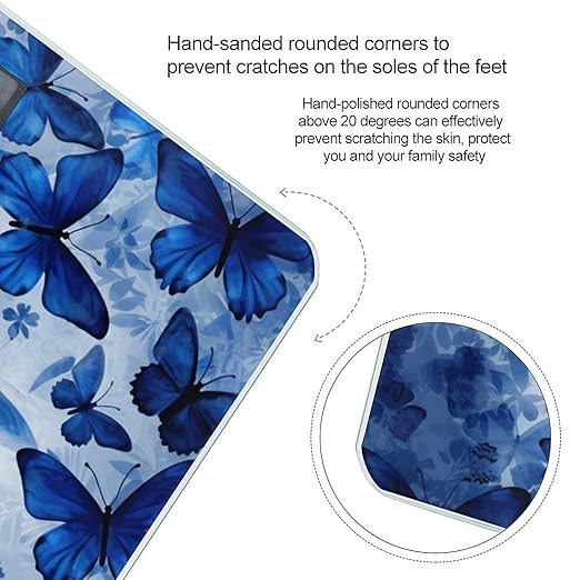 Blue Butterflies Scale for Body Weight Safe Rounded Corners Tempered Glass Digital Bathroom Scale LED Display 400lb Capacity Weight Scales with High Precision Sensors