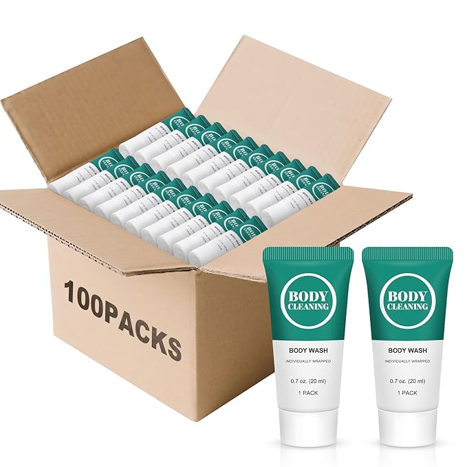 Travel Size Body Wash Mini Shower Gel Set 20 ml Individually Wrapped Bulk Trial Sample Small Single Use Toiletries Amenities Kit for Men &amp Women for Hotel/Camping/Homeless 0.7 Fl Oz (Pack of 100