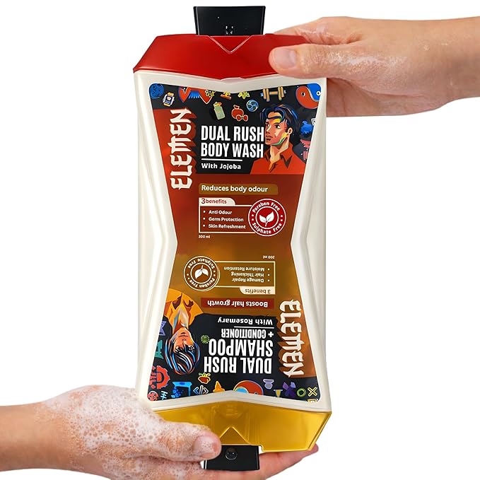 Elemen Dual Rush Flip Duo Bottle 500ml | Body Wash + Shampoo &amp Conditioner for Men | Daily Cleansing Body &amp Hair Care | Fresh &amp Strengthening Formula