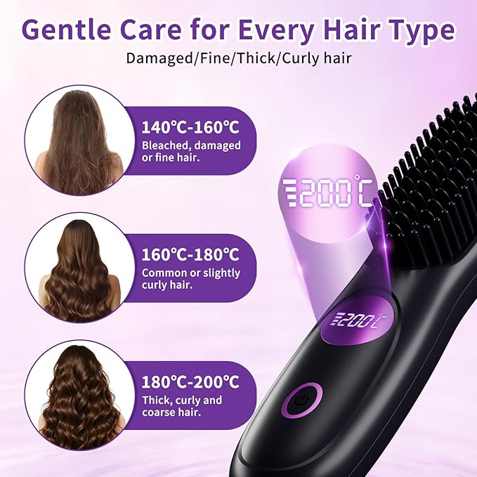 Cordless Hair Straightener Brush - Mini Portable Fast Heating Hair Straightener for Travel -USB Rechargeable Ceramic Straightening Comb with LED Display -3 Adjustable Heat Settings for Short/Long Hair