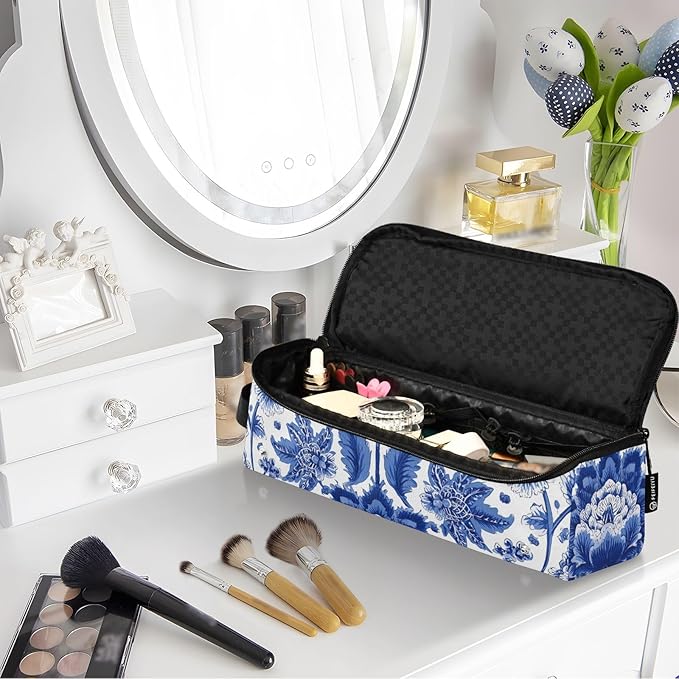 Hair Tools Travel Bag with Heat Resistant Mat Detachable 2-in-1 Curling Iron Travel Case Hot Tools Organizer for Straightener Flat Iron Blue and White Symmetrical Floral